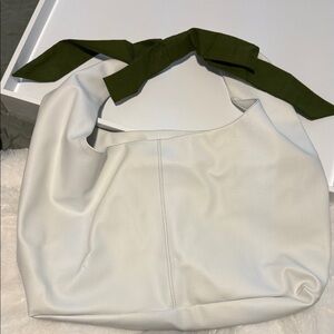 Elegant White slouch vegan Leather Bag with Green bow